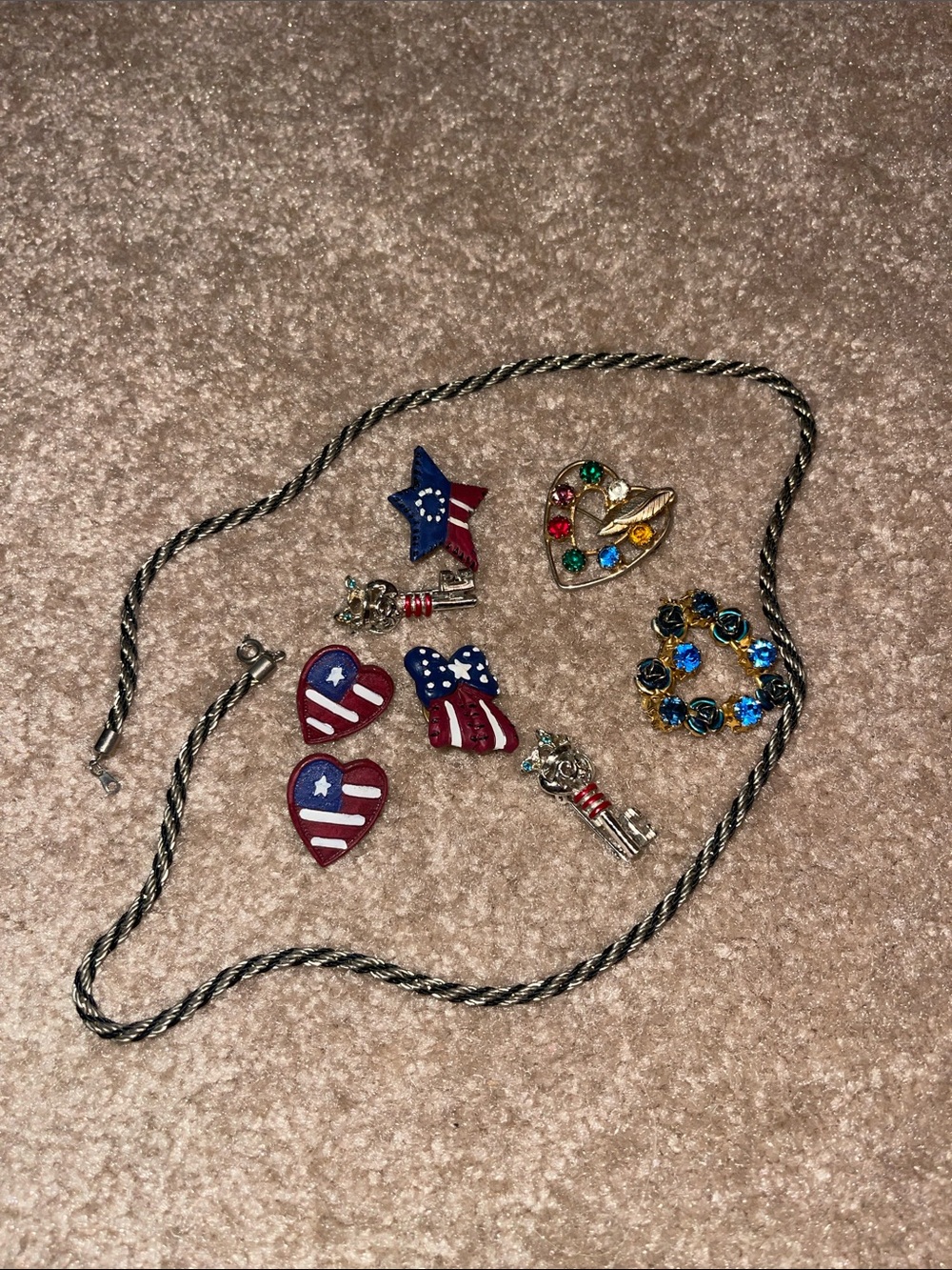 Patriotic pins, vintage rhinestone brooches, black and silver necklace